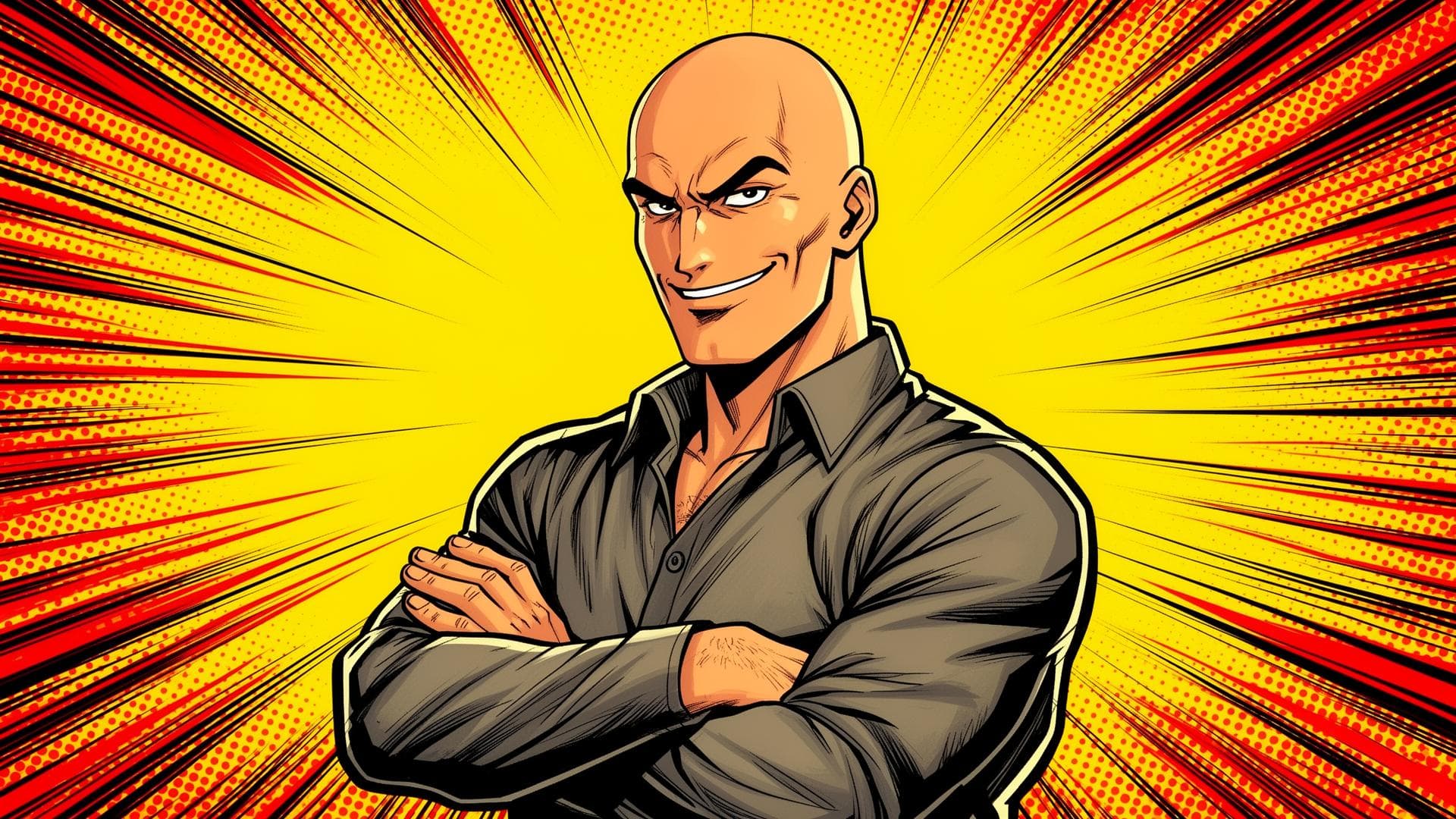 Confident bald person with comic-style background